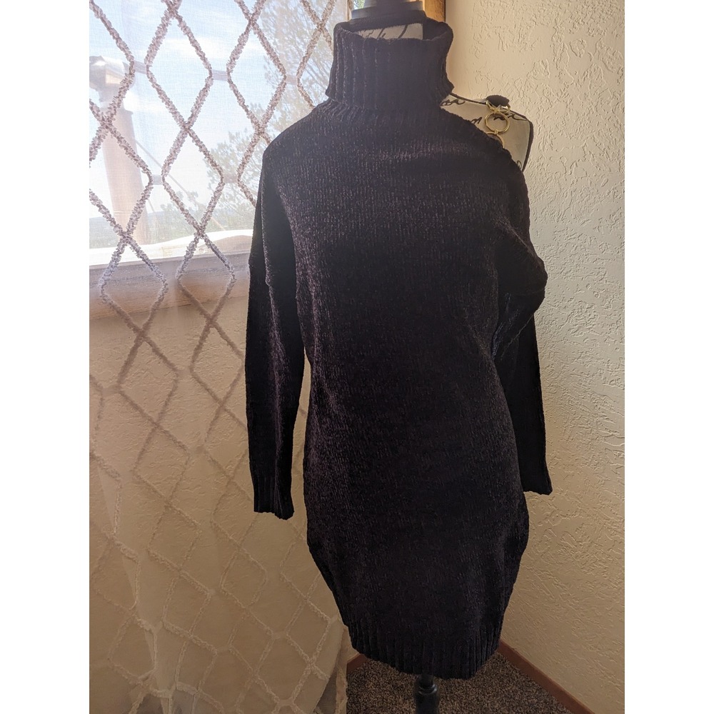 Say What? Womens Chenille Cold Shoulder Chain Turtleneck Sweater Dress Black L
